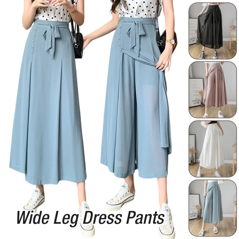Summer Elastic Pleated Skirt Women Chiffon Trouser Skirt High Waist Casual Wide Leg Pants Fashion Streetwear Pants Pantalones