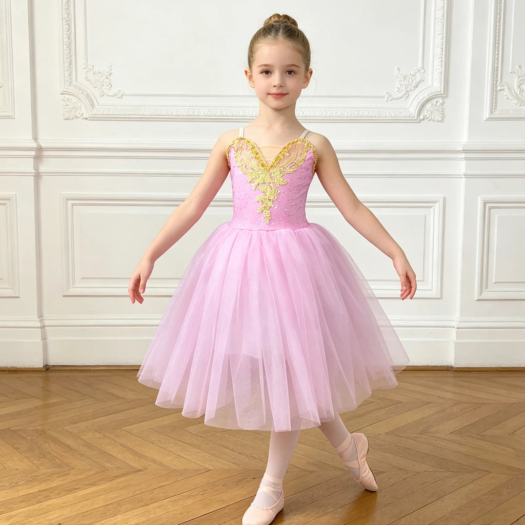 Kids Girls Tutu Ballerina Ballet Dance Performance Dress Adjustable Spaghetti Strap Applique Bodice Tulle Tutu Dress Dancewear