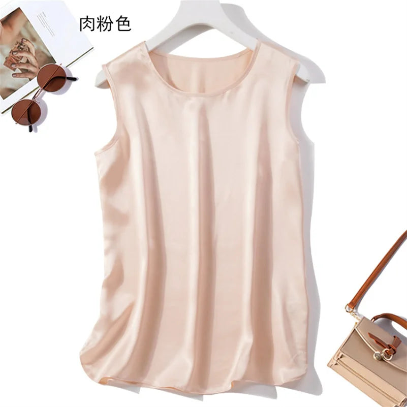 Elegant Fashion Satin Tank Tops Office Lady Blouse Shirts plus  Summer Slim Sleeveless Vest Women Simple O-neck Tops y2k clothes