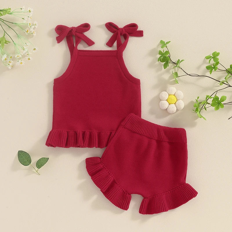 2024-01-15 Lioraitiin Newborn Baby Girl Outfits Knit Solid Color Sleeveless Cami Tops With Elastic Waist Shorts 2Pcs Clothes Set