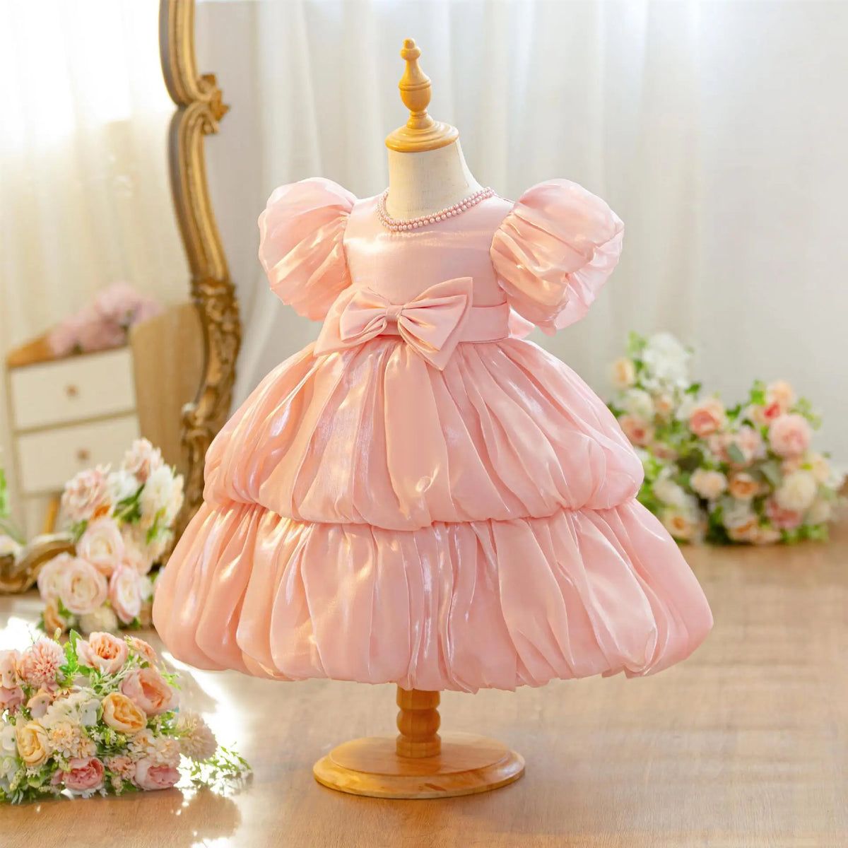 Hetiso Baby Girls Party Dress Puff Sleeve Newborn Birthday Ball Gown Beading Infant Christmas Holiday Frocks 0-2 Years