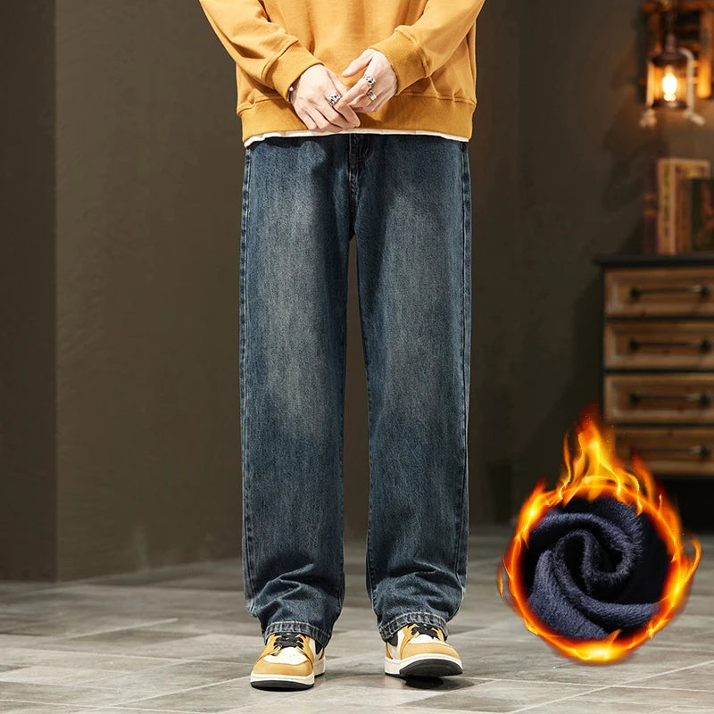 Winter Jeans Warm Fleece Thick Men's Wide Legs Denim Pants Fashion Loose Straight Retro Plush Velvet Casual Trousers Streetwear