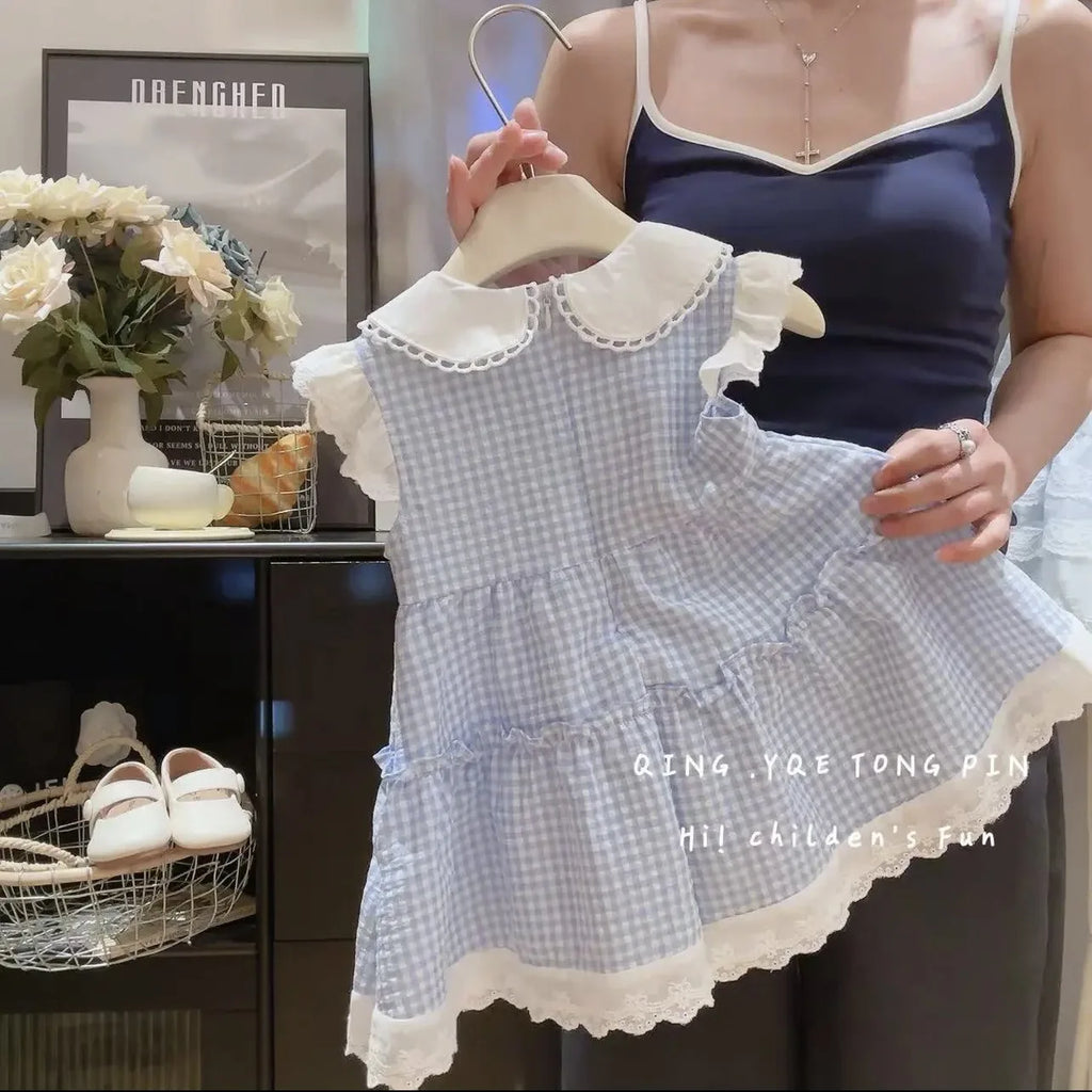 Somenie Girls Summer Home Dresses Kids Fashion Plaid Daily Casual Dress Cute Embroidery Bear Label Baby Outing Clothes