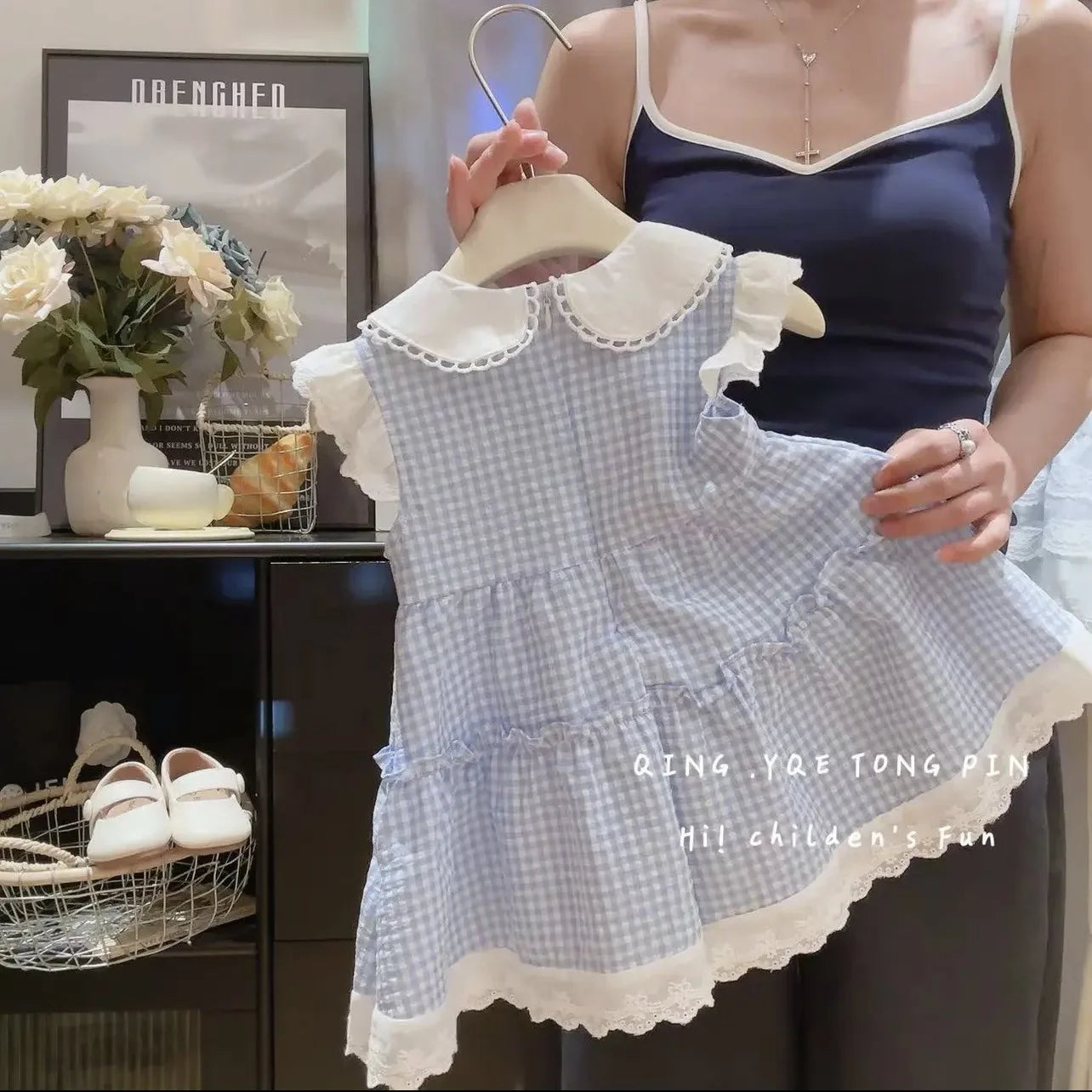 Somenie Girls Summer Home Dresses Kids Fashion Plaid Daily Casual Dress Cute Embroidery Bear Label Baby Outing Clothes