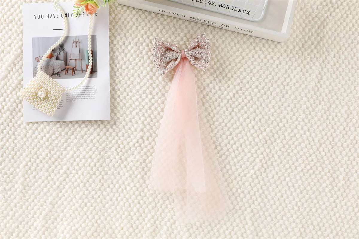 2026 New Summer 1-5Y Childrens Dress Sequin Tulle Sleeveless Girls Dress with Bow Decorations and Matching Sequin Veil
