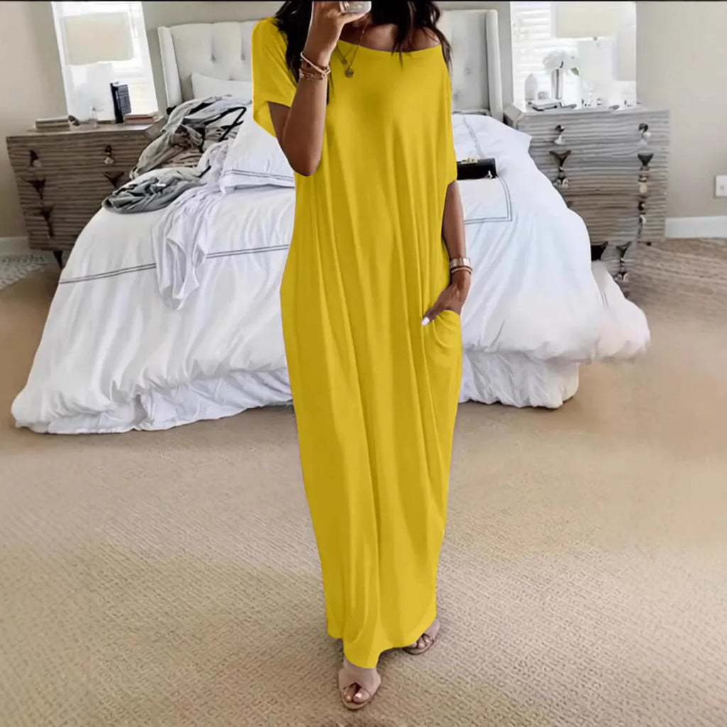 Casual Pure Color Short Sleeve Long Dress Women's Summer New Style Cross-Border TK Loose Waist Milk Fiber Straight Cut Dress