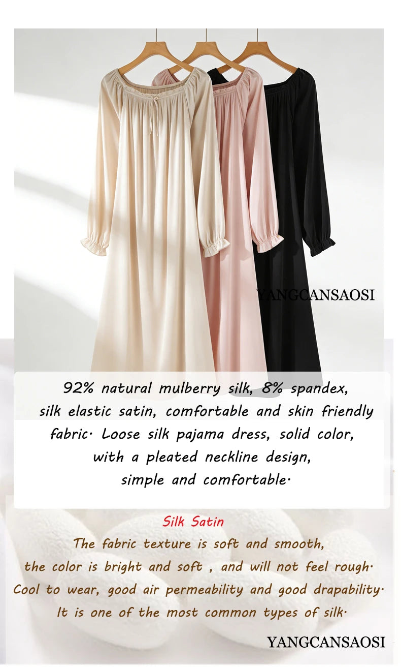 Women's Spring/Summer New 92% Natural Mulberry Silk Elastic Satin Solid Loose Sweet Wind Long Sleeve Home Clothes Nightdress