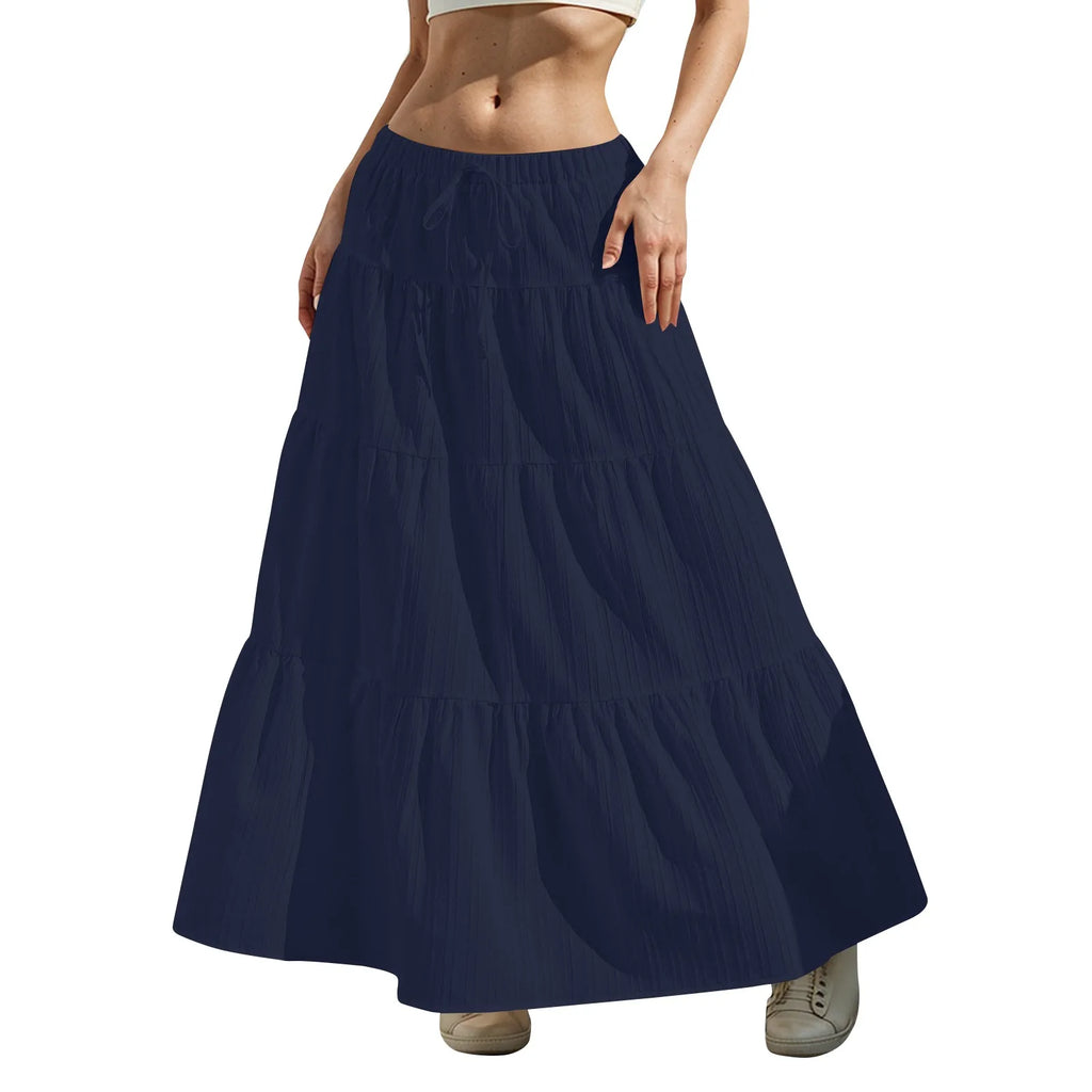 Women's Flared Ruffle Hem Maxi Skirt Fashion Women Solid Long Skirts Elastic Waist Elegant Long Skirt Spring Summer Cake Dress