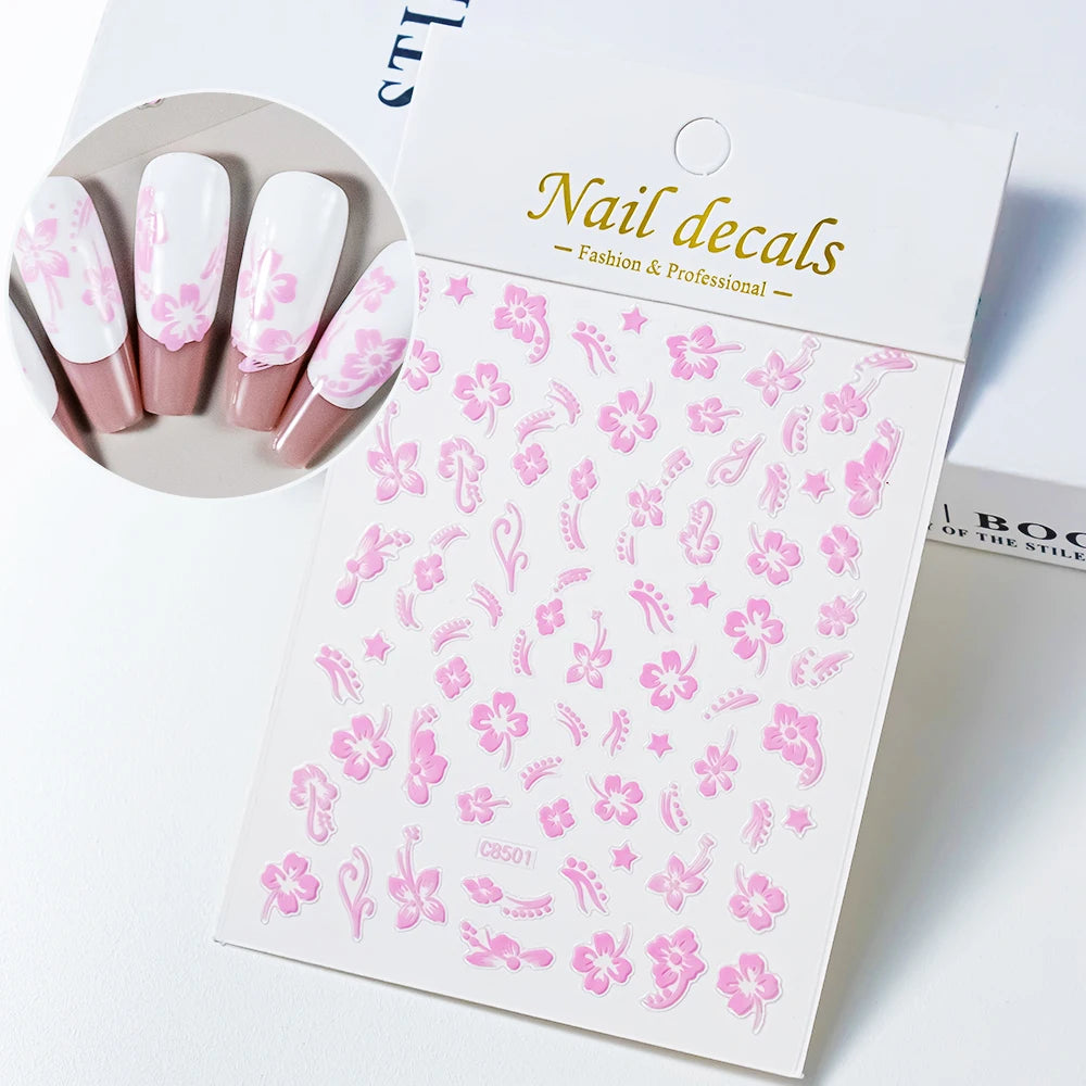 1 pieza 3D pegatinas de hibisco para uñas, flores blancas y negras, pétalos, calcomanías adhesivas, deslizadores florales rosas y dorados para decoración de uñas