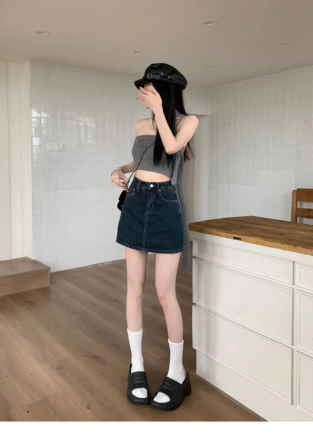 Women's Y2K High-Waist Mini Skirt Deep Blue Denim Spring Summer Slimming Flattering Wrap Around Skirt for Full Coverage