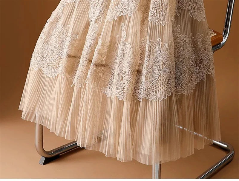 Woman Mesh Long Midi Cake Skirt Solid Color Elegant French Tiered Fairy Tulle Skirts Khaki Casual High Waist Faldas