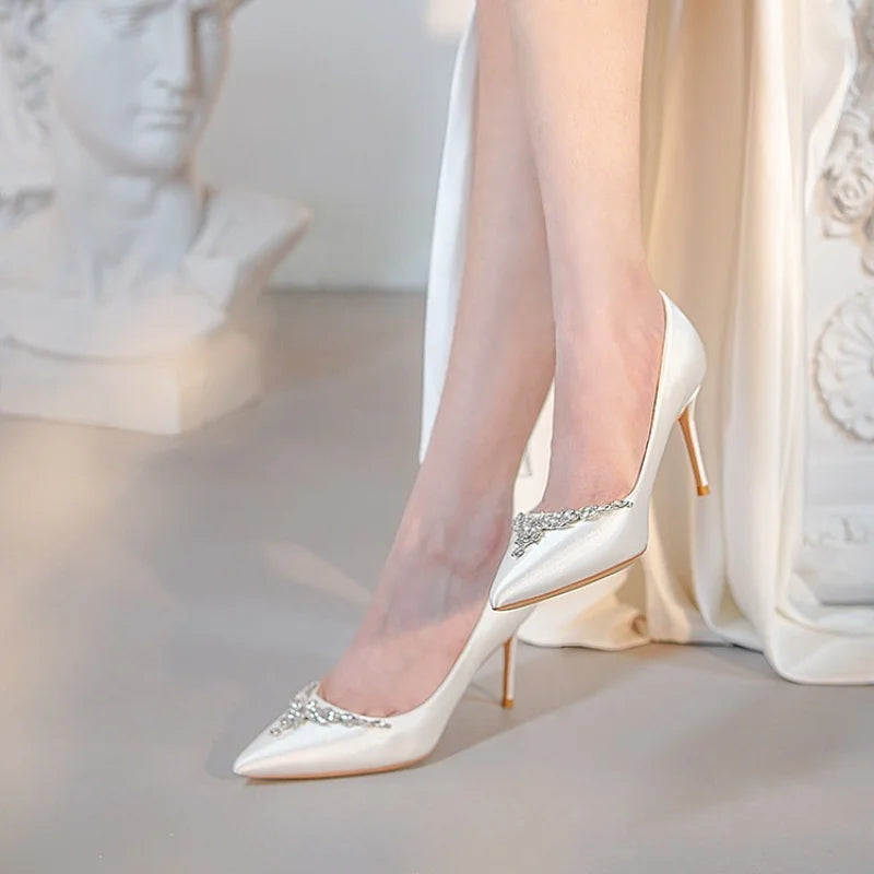 New White Women'S Bridal Wedding Shoes Silk Satin Rhinestone Crystal Shallow Pumps Stiletto High Heels