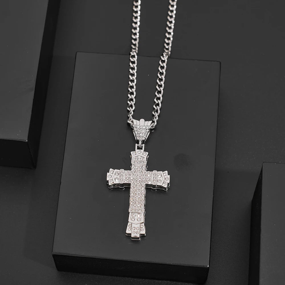 1 Style Men'S Rhinestone Christian Cross Rhinestone Pendant Necklace Personality Fashion Street Domineering Chain Jewelry