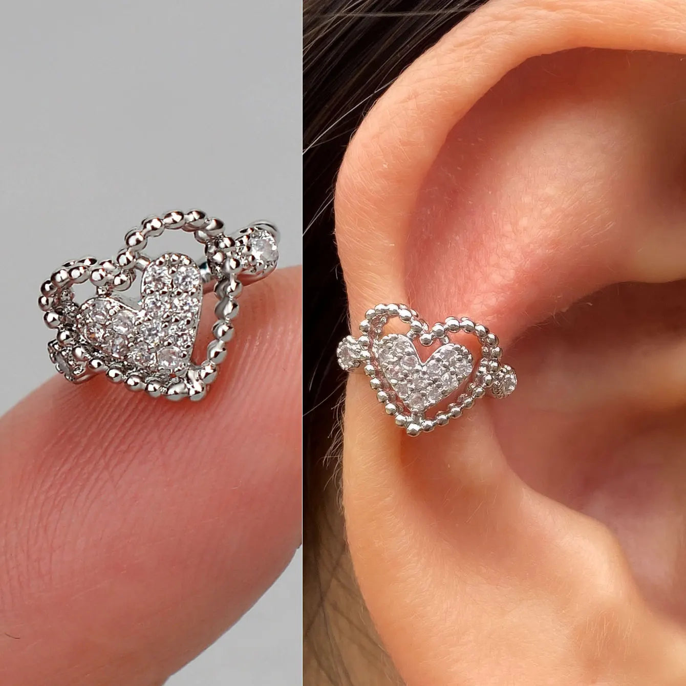 1Pc Delicate Zircon Clip On Earrings Female Heart Ear Cuff No Piercings Fake Cartilage Earrings For Women'S 2025 Fashion Jewelry
