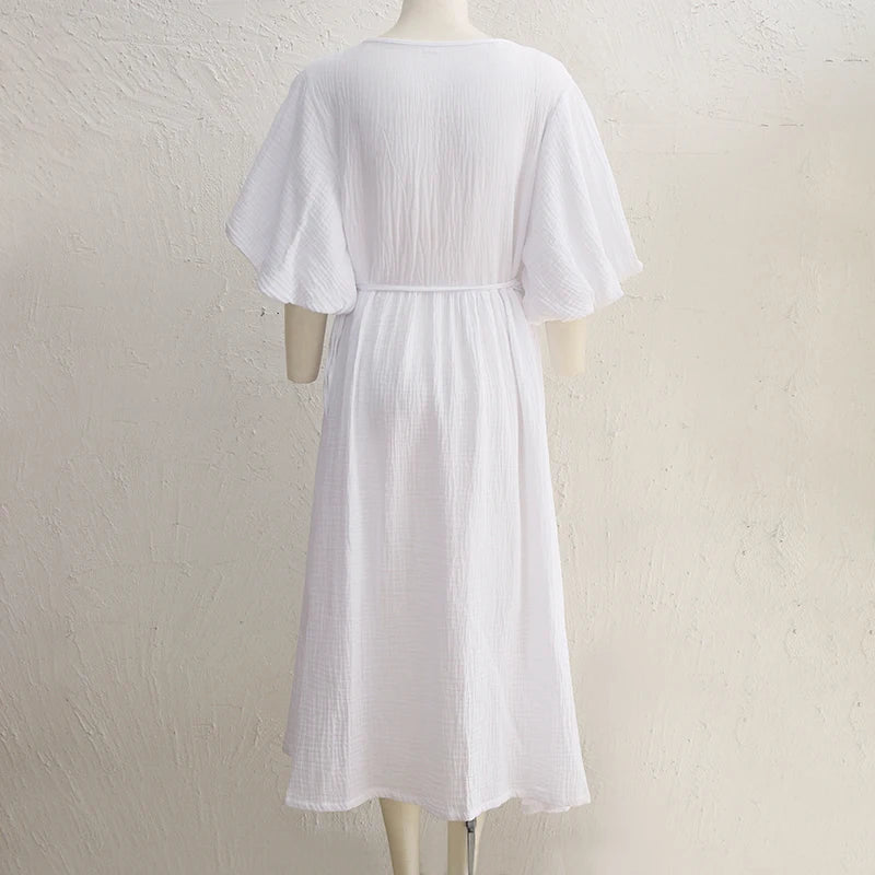 Vintage 100% Cotton Women's Dress Retro Crepe Gauze V-Neck Puff Sleeve Bandage Lace Up Elegant Dresses For Women Long Maxi Robe