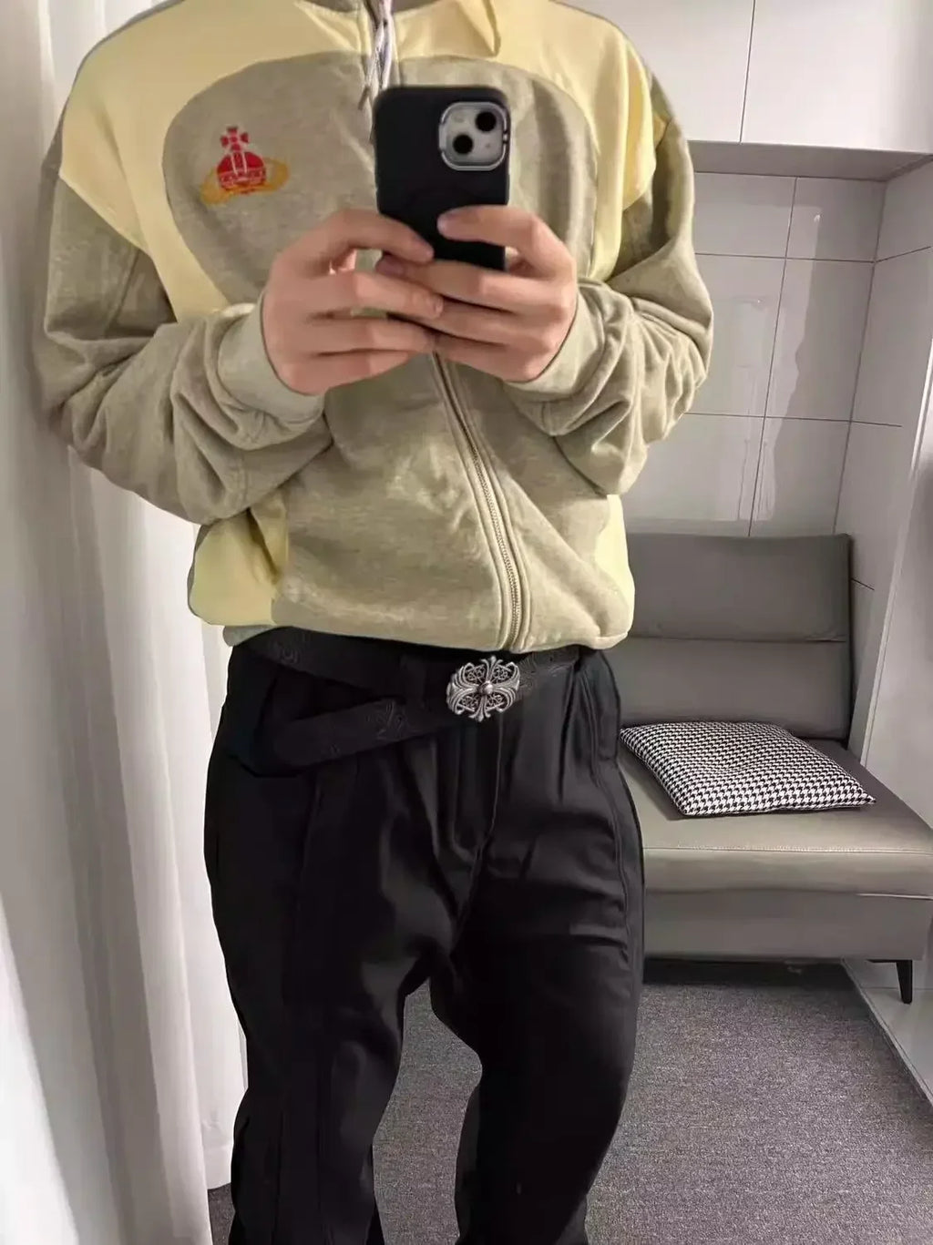 Hong Kong-style Denim Belt with Cross Carving & Rivets Niche Subculture Style Versatile Street Waistband for Casual Daily Outfit