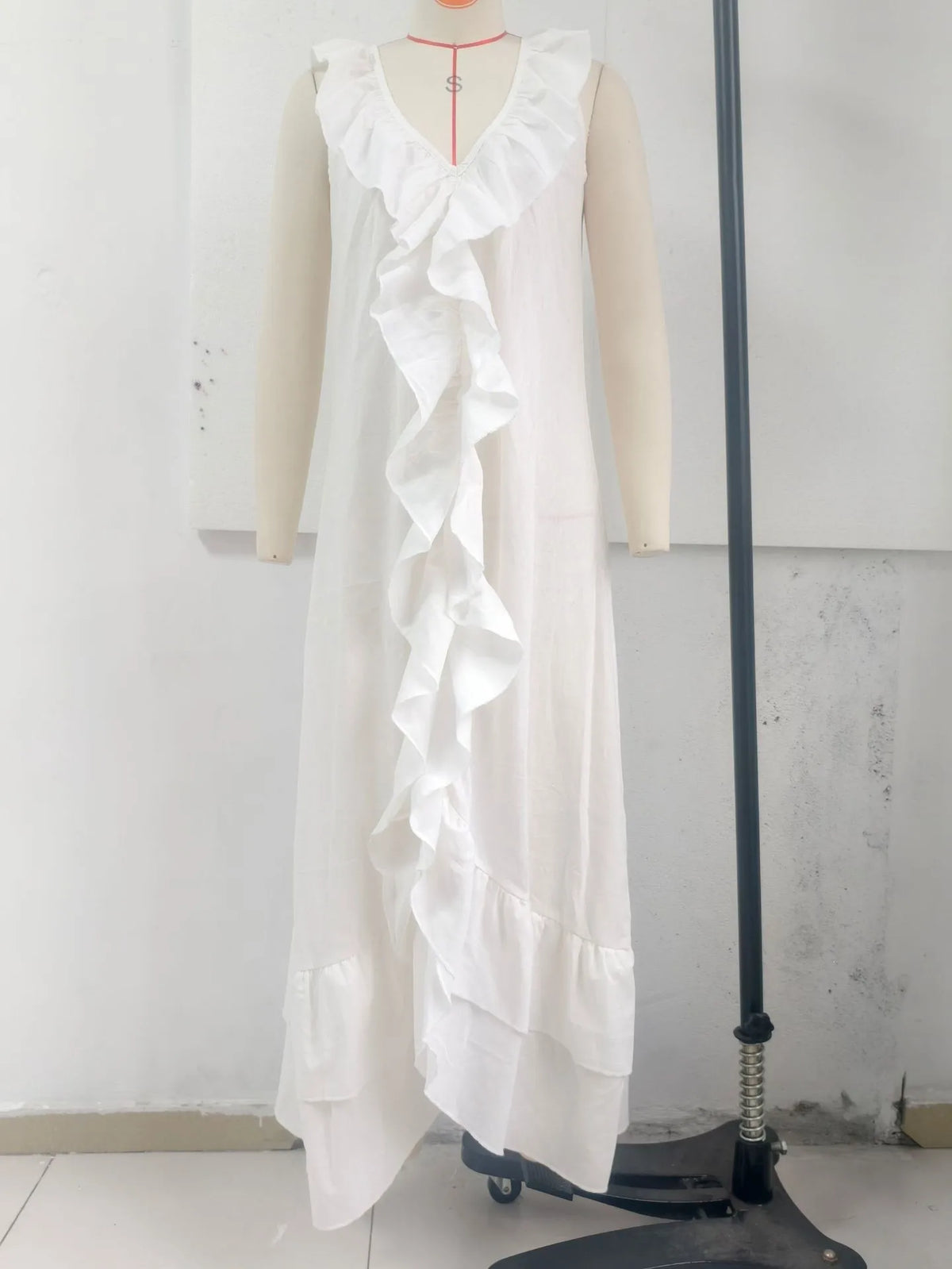 Summer Woman Dress Sleeveless Ruffle Neck Dresses Women's Pleated Maxi Dress V Neck Asymmetrical Hem Boho Dress Layered Ruffles