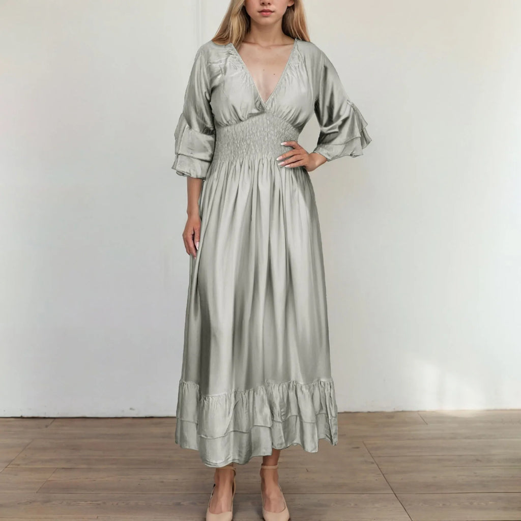 Womens Work Dresses Business Casual Women Sexy V Neck Ruffle 3/4 Sleeve Dress Casual Loose Ruffle Tiered Womens Sweater Dress