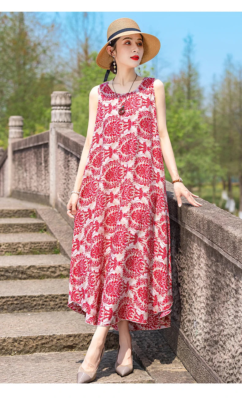 New Women Summer Dresses Vintage Dress FashionRobe Plus Size Sleeveless Femme Casual Print Dresses