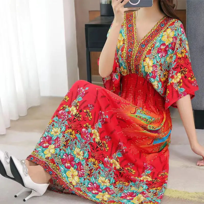 Summer New Casual Elegant Retro Bohemian Style V-neck Elastic Waist Large Swing Printed Long Skirt Autumn Summer Dress