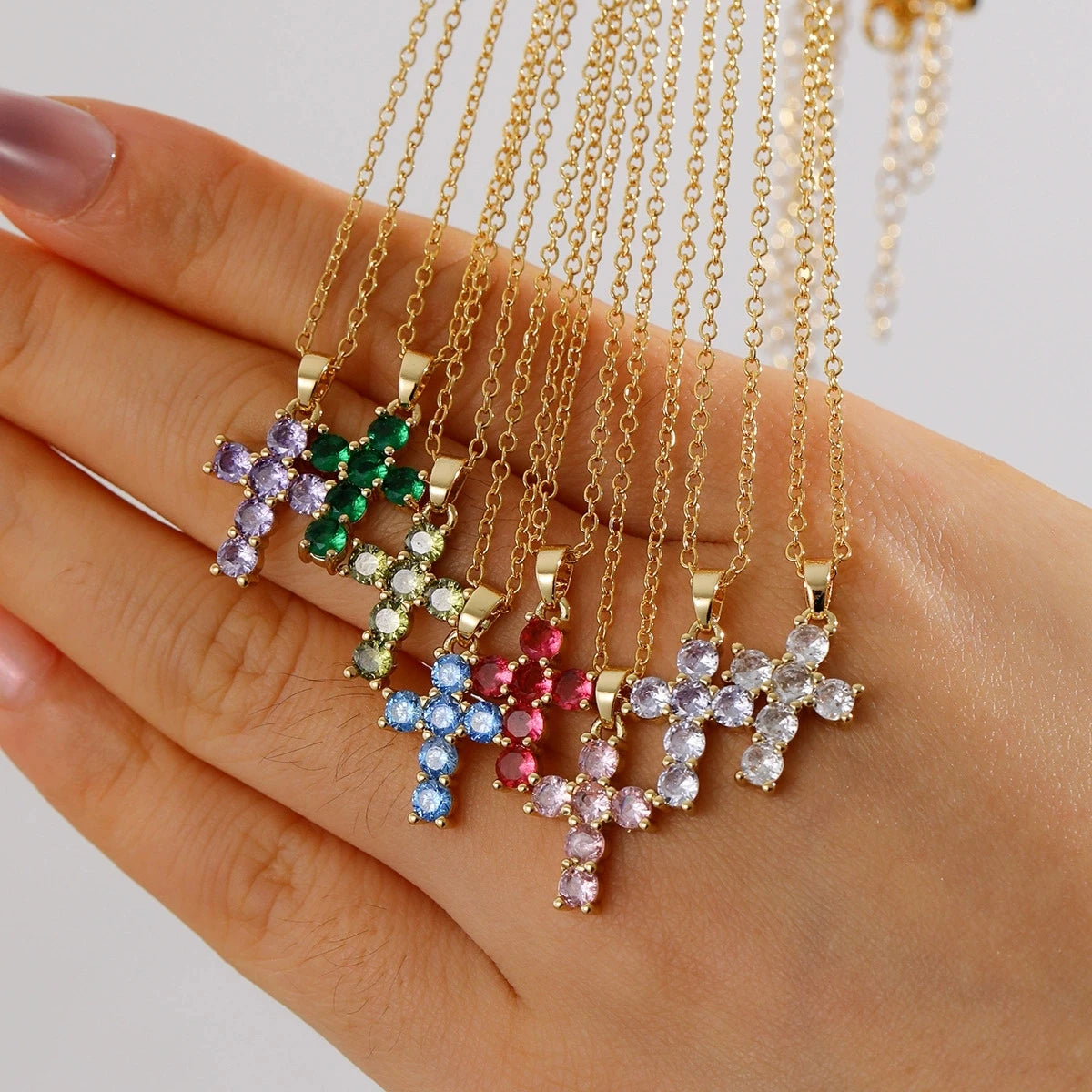 Birthstone Necklace 18K Gold Plated Zircon Necklace Cross Pendant Necklace For Women'S