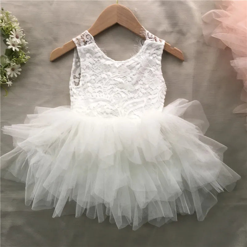 Baby Girls Sleeveless Lace Tutu Birthday Dress for Children Ruffles Eyelash Lace Flower Girl Dresses for Weddings Clothes