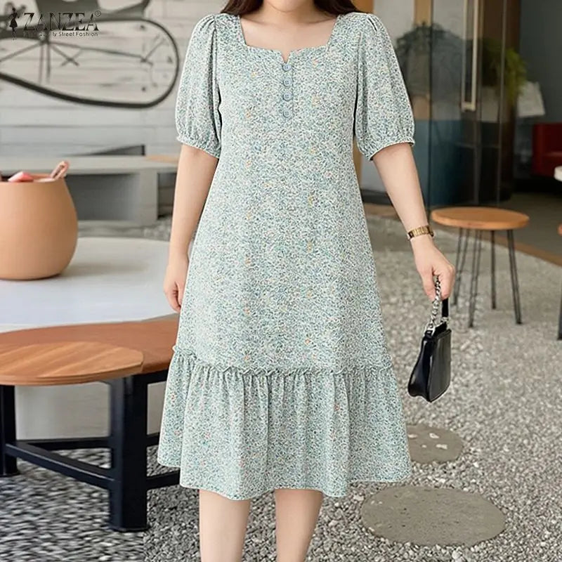 ZANZEA Women's Floral Printed Midi Dress Square Neck Half Puff Sleeve A-Line Dresses Summer Pullover Ruffled Hem Robes Femme