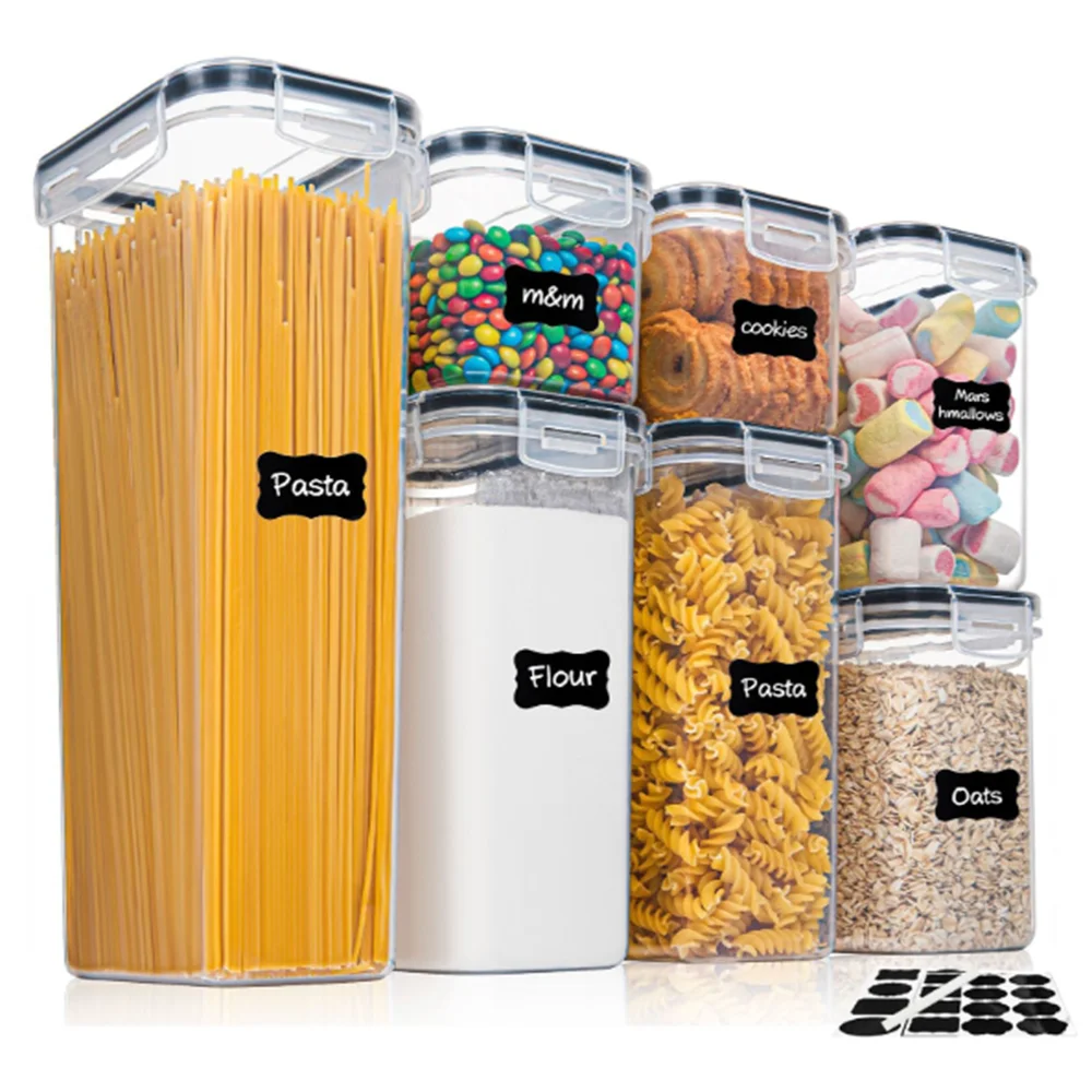 Juego de 7 recipientes de alimentos para cocina, plástico sin BPA, herméticos, con 10 pegatinas y bolígrafo