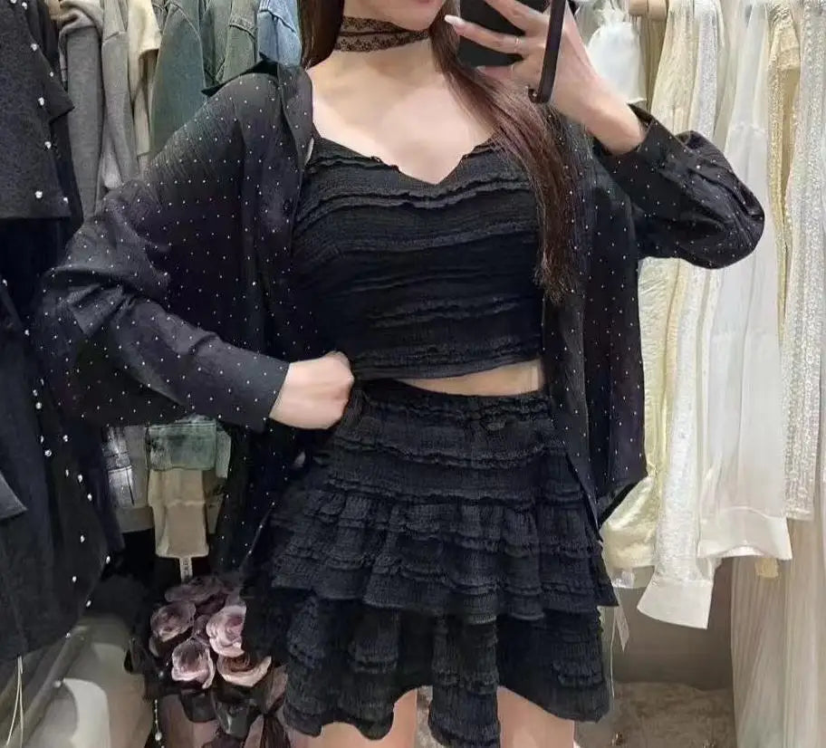 Ballet Style Puffy Short Skirt Women Summer Lace Crop Top Design Sensation Half Skirt Pure Desire Sweet And Spicy Set