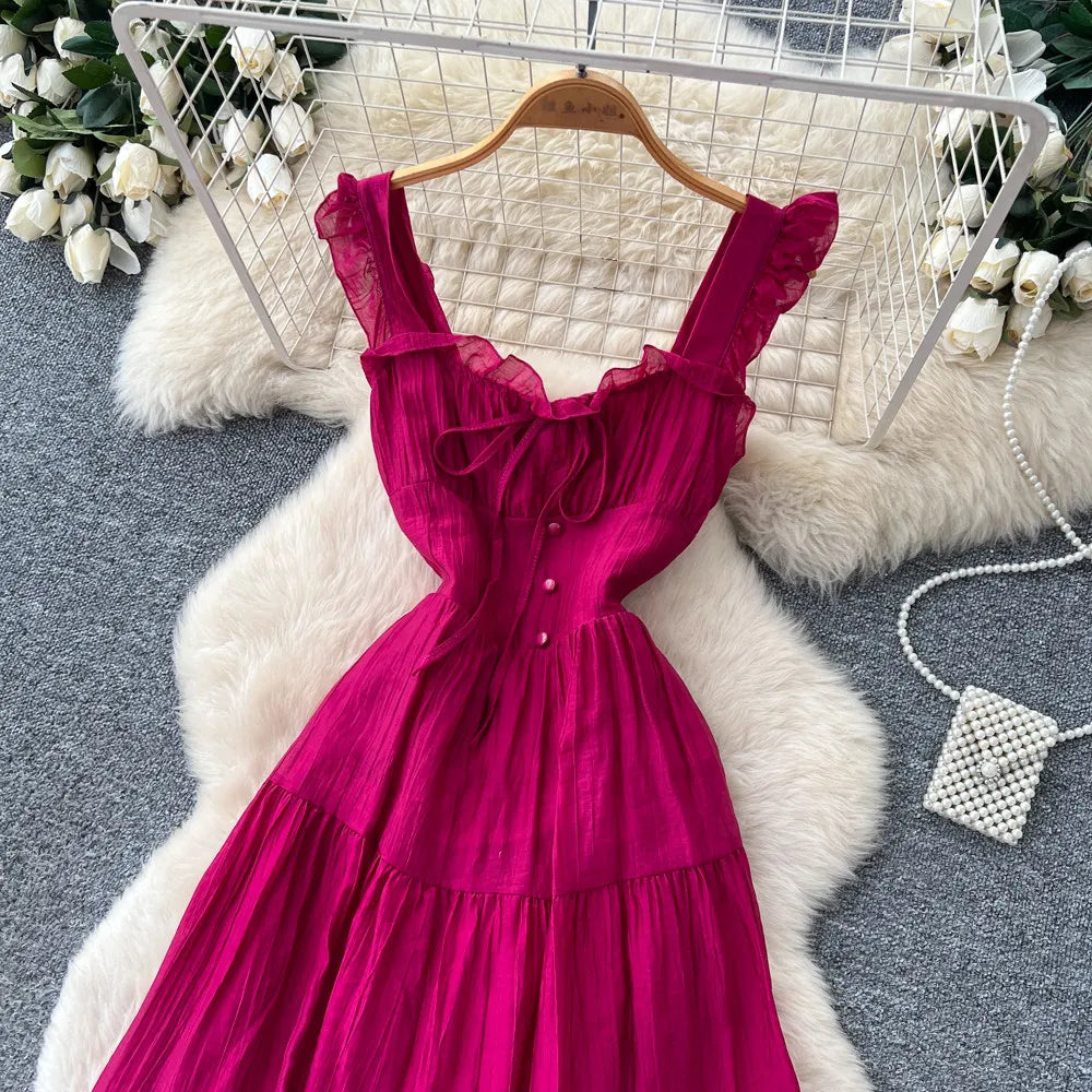 Summer French Sweet Camisole Ruffle Edge Dress for Women New Style with Straps Waist Cinching Vacation Style Dress C579