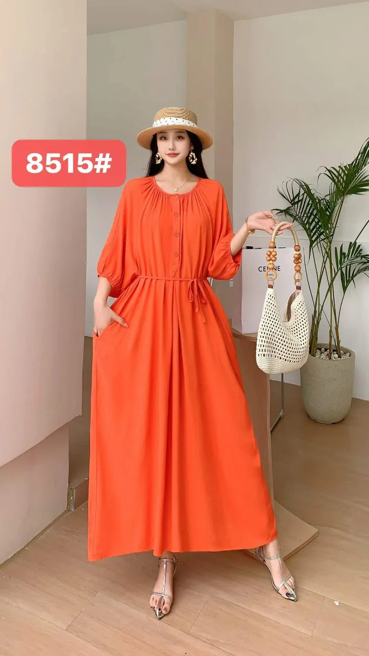 THHONE Summer Plus Size Dress Robe Solid Long Casual Loose Vintage Vestidos Para Mujer Oversized Dresses Half Sleeve Belt Pocket