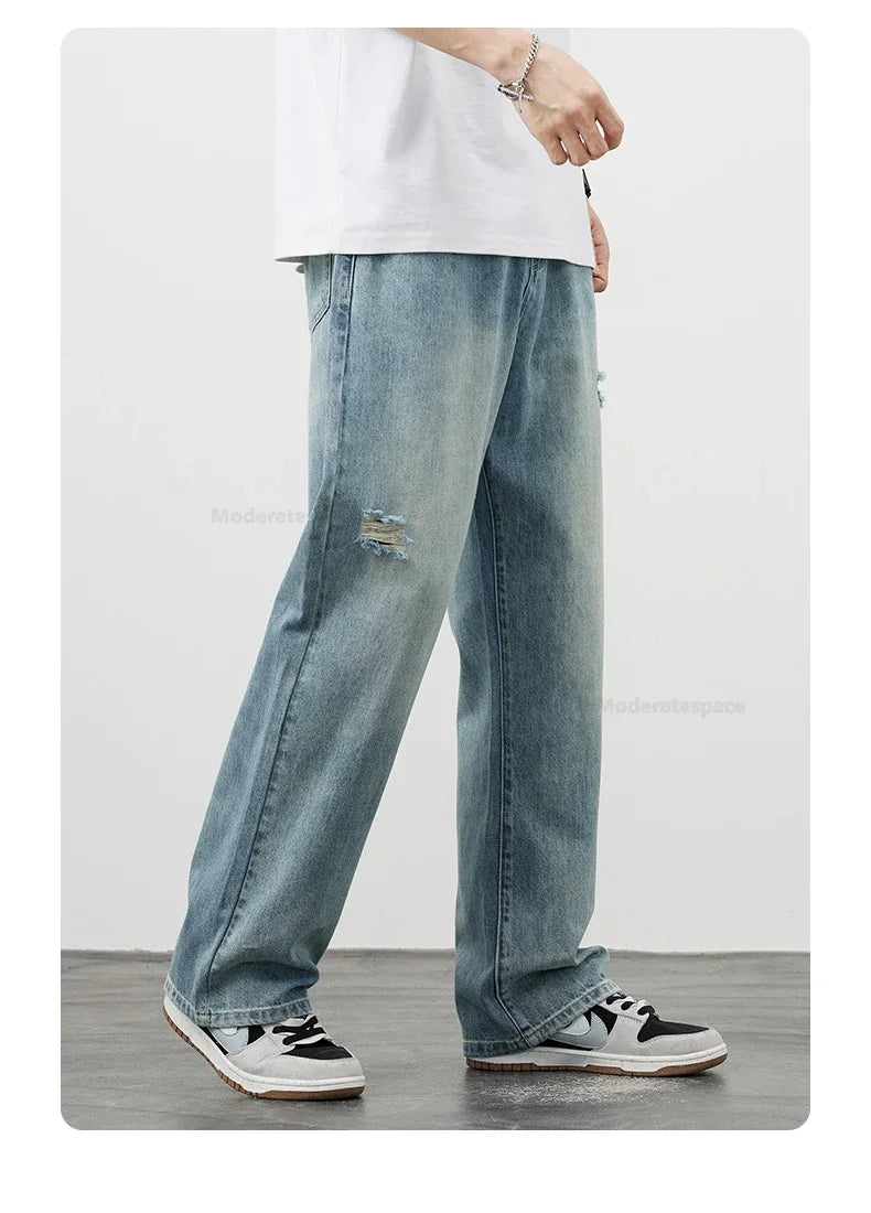 Korea Baggy Jeans Men's Vintage Straight Ripped Y2k Pants Fashion Frayed High Street Distressed Denim Trousers Male Clothes