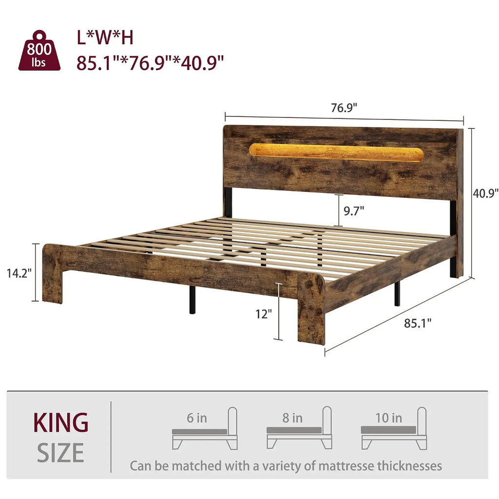King Frame with Storage Headboard and Charging Station, Brown | Platform Bed Frame, LED Lights, Wooden Slats,, Customized