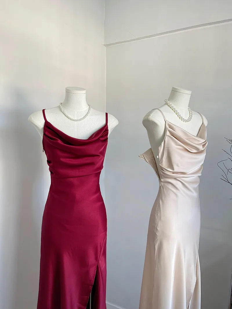 Women's Sexy Swinging Collar Satin Strap Long Dress Lady Summer Solid Color Slim Pleated Wasit Split Party Dress