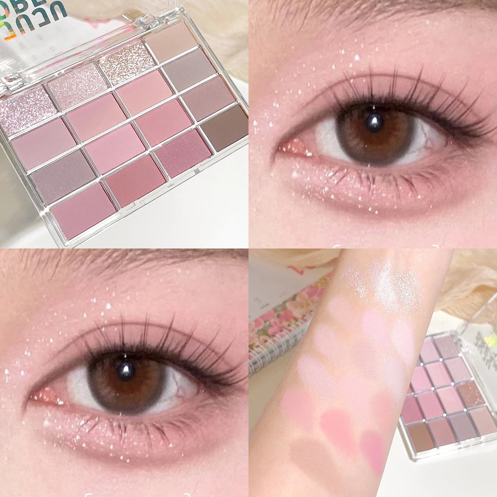 JUJU DREAM 16-Color Earth Tone Eyeshadow Matte & Shimmer Palette, Lying Silkworm Brightener for Soft Daily Makeup