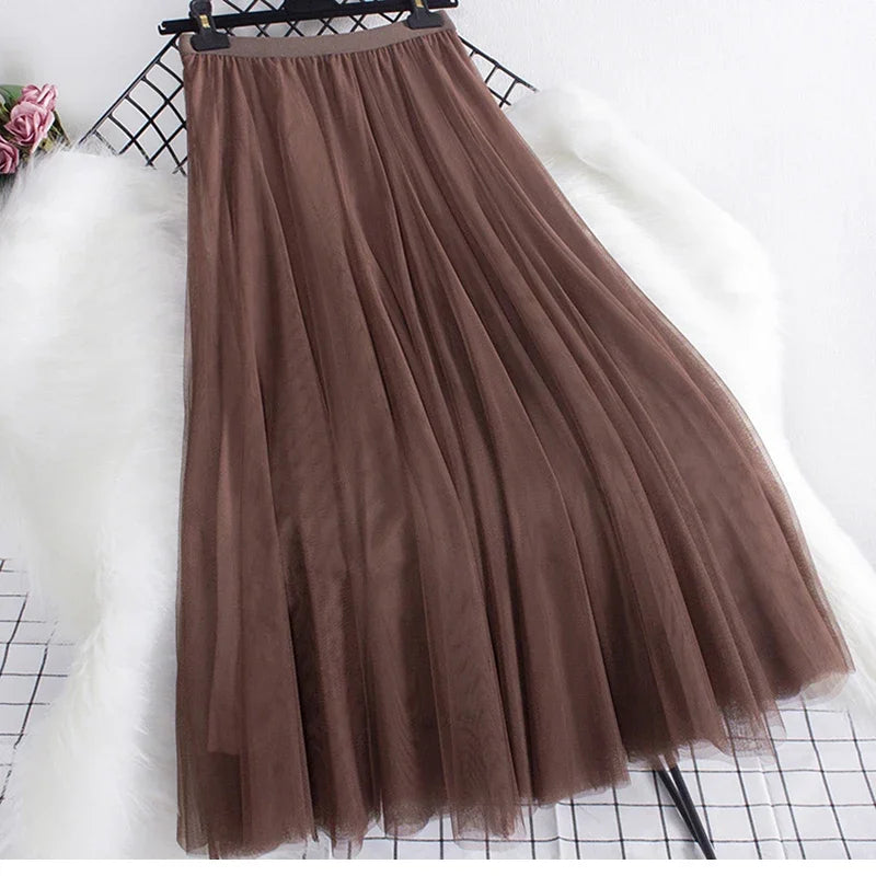 New large hem chiffon long skirt for women's Korean casual simple solid color three-layer A-line high waisted long skirt