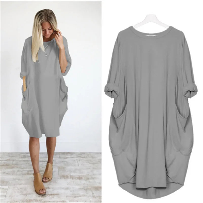 Women's Dress Oversize O-neck Loose Red Version Casual Street Pocket Fashion Black Solid Color Beach Vacation Skirt