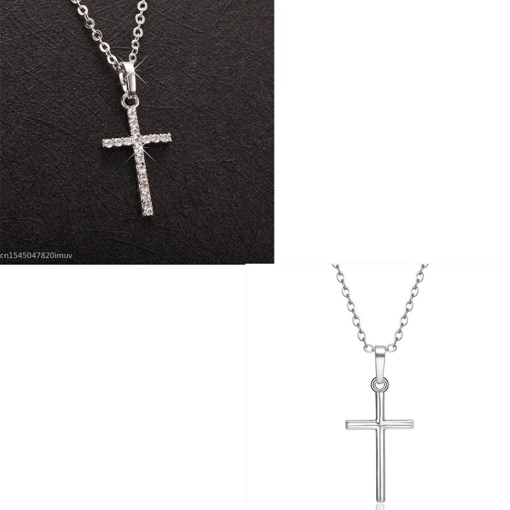 Luxury Zircon Cross Pendants Necklace Fashion Light Silver Color For Men Women'S Jewelry Chain Accessory