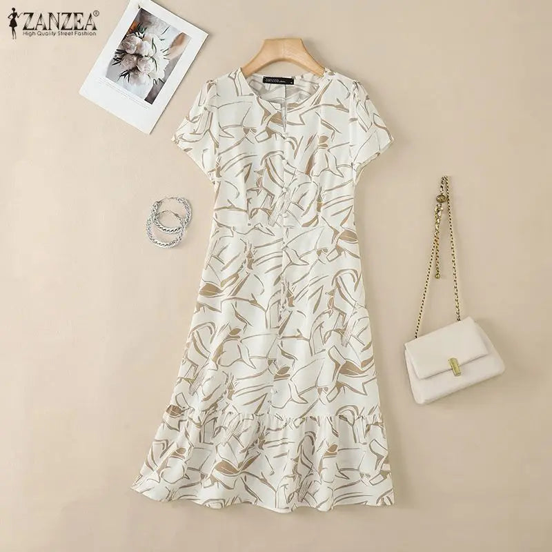 ZANZEA Women's Floral Printing Midi Dress V-Neck Short Sleeve Ruffled Hem Long Dress Summer Casual Daily Wear Robes Femme 3XL