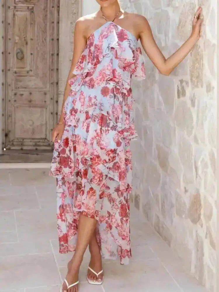 SHENGPALAE Women Maxi Dress Halter Cold Shoulder Chiffon Floral Elegant Party Ruffled Layered Irregular Summer 2026 New 05E02862