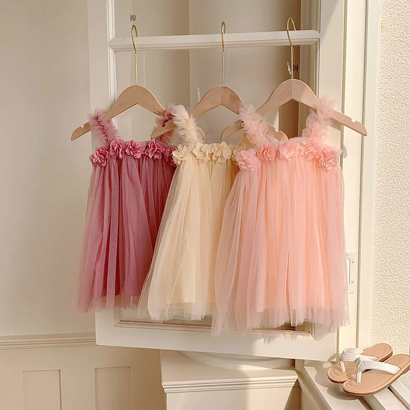 Kids Sweet Mesh Dress 1-6T Summer Children Mesh Tulle Princess Slip Tutu Dresses Girls 6 Colors 3D Flower Mermaid Birthday Dress