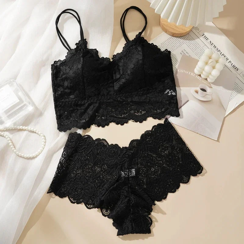 Women'S'S Sexy Lace Bra Suit Solid Set Beautiful Back Hollow Out No Steel Ring Underwear With Lace Flower Breathable Panties