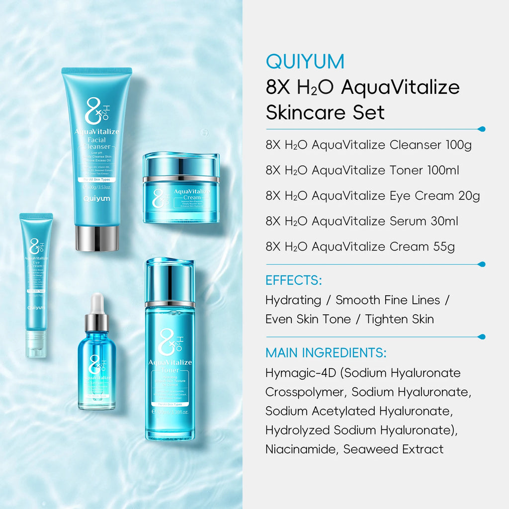 Quiyum 8X H2O AquaVitalize 5-Pcs Skincare Set Hydrating Daily Facial Care Kit Cleanser Toner Serum Eye Cream for All Skin