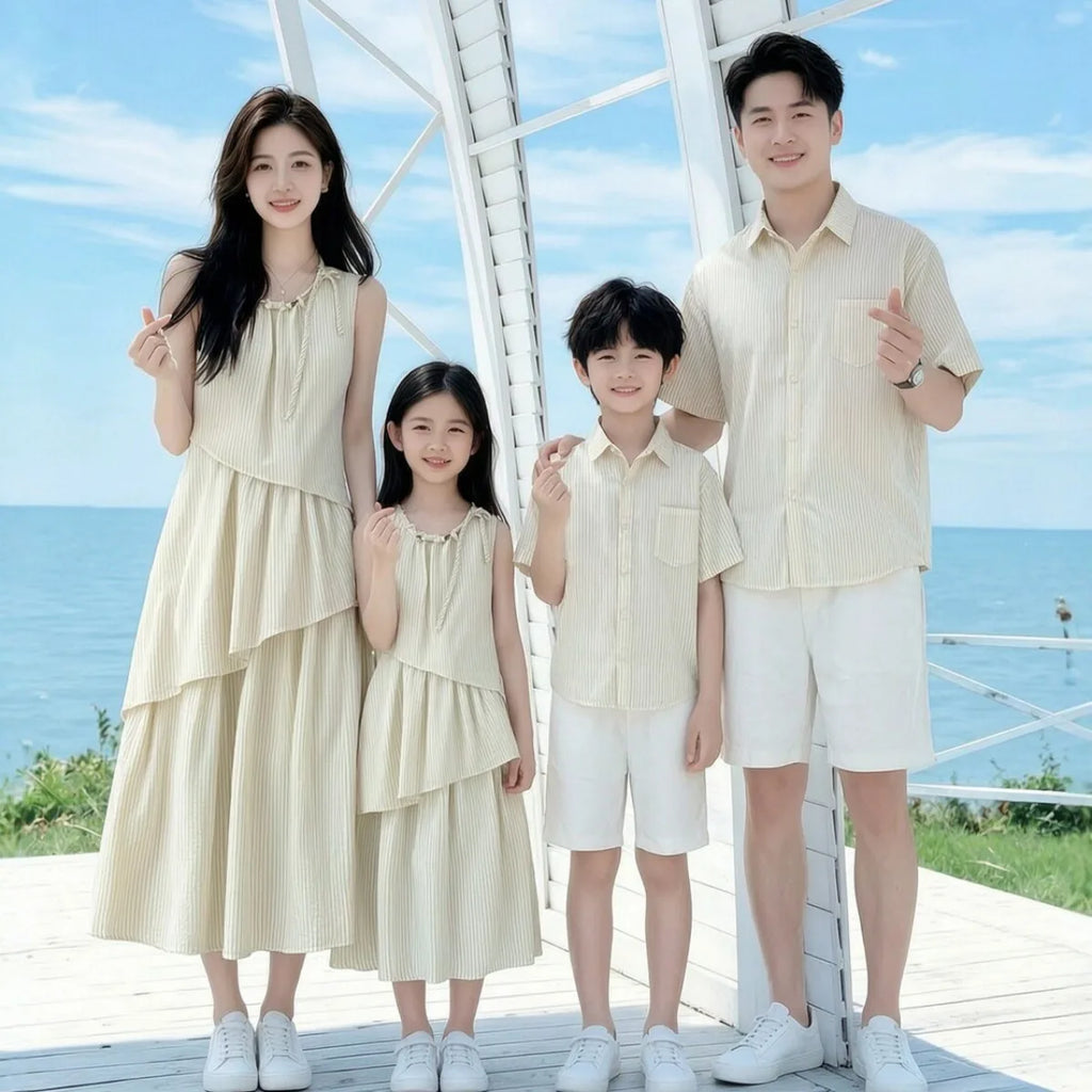 Mommy and Me Clothes Striped Print Family Matching Outfits Holiday Look Button Shirt Ruffles Dress Casual Clothing Set Beachwear