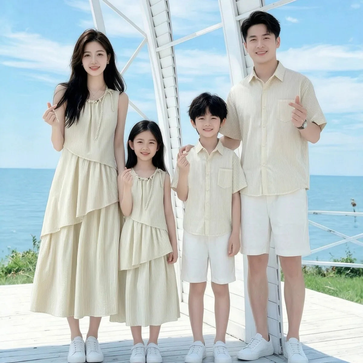 Mommy and Me Clothes Striped Print Family Matching Outfits Holiday Look Button Shirt Ruffles Dress Casual Clothing Set Beachwear