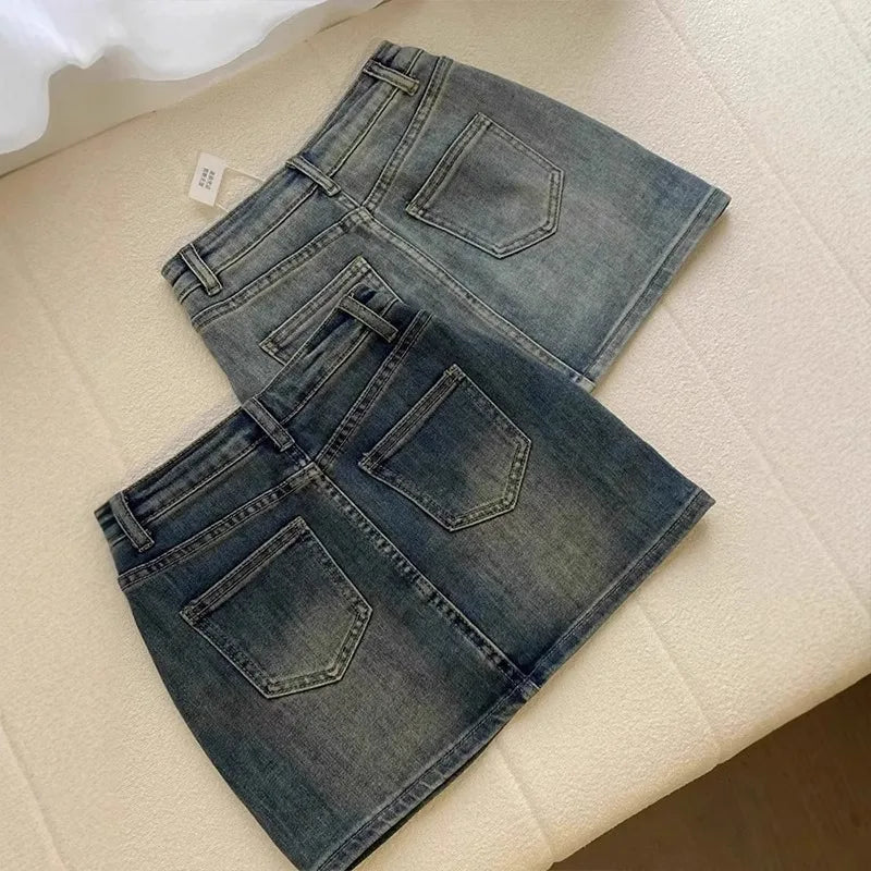 Sexy Retro High Waist Denim  Skirt Women's Anti-Light Versatile Slimming American Hot Girl f-length Summer Skirt