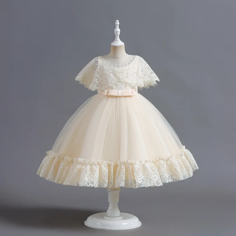 Criss-Cross Lace Girl Bridesmaid Dresses For Christmas White Kid's Party Dress Beading Tulle Children's Ceremony Evening Frocks
