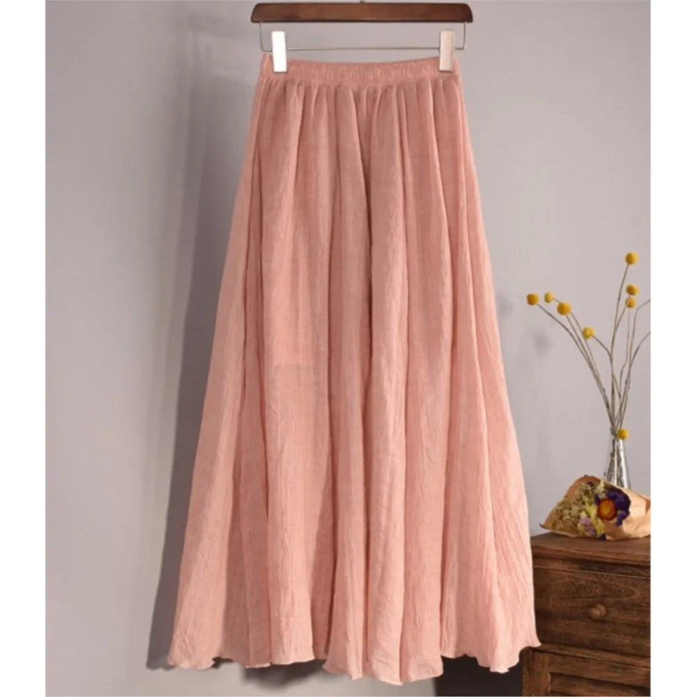 2025 Summer Women All-match Long Skirt Mid-calf Casual Linen Elastic Waistband One Size Expansion Hemline Lined Female Skirts