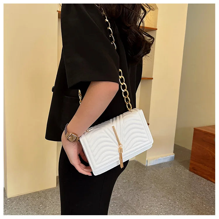 Brand Designer PU Striped Women's Shoulder Bag Fashion Tassel Chain Crossbody Bag Small flap Handbag  2023 Trend