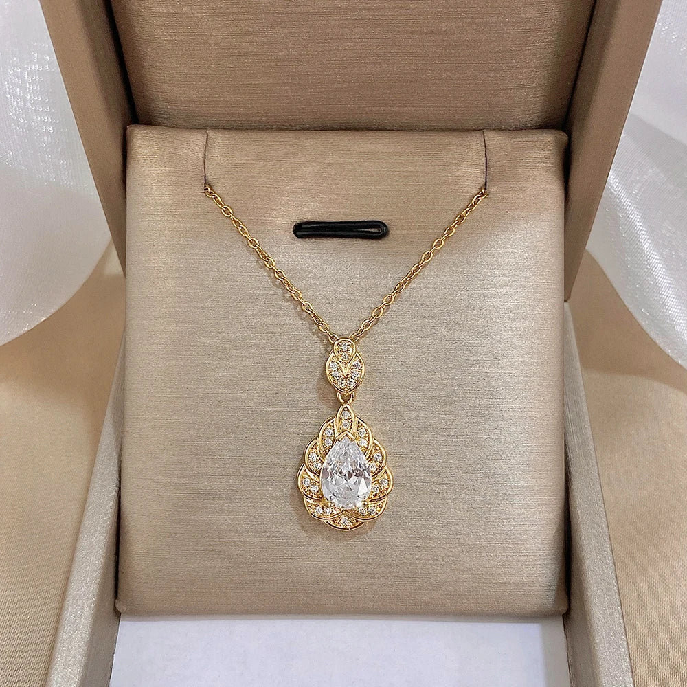 Zircon Pearl Waterdrop Necklace Elegant Gold Plated Copper Pendant On Stainless Steel Chain Gift For Women